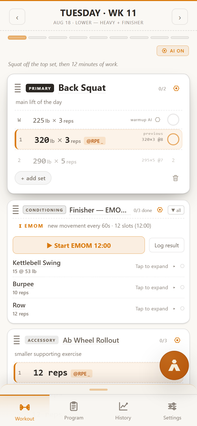 An Aldo session mixing strength and conditioning: a heavy back squat with a 320 pound top set at RPE 8, then a twelve-minute EMOM finisher with a start timer, a log-result button and three movements — kettlebell swings, burpees and rowing calories — followed by an accessory.