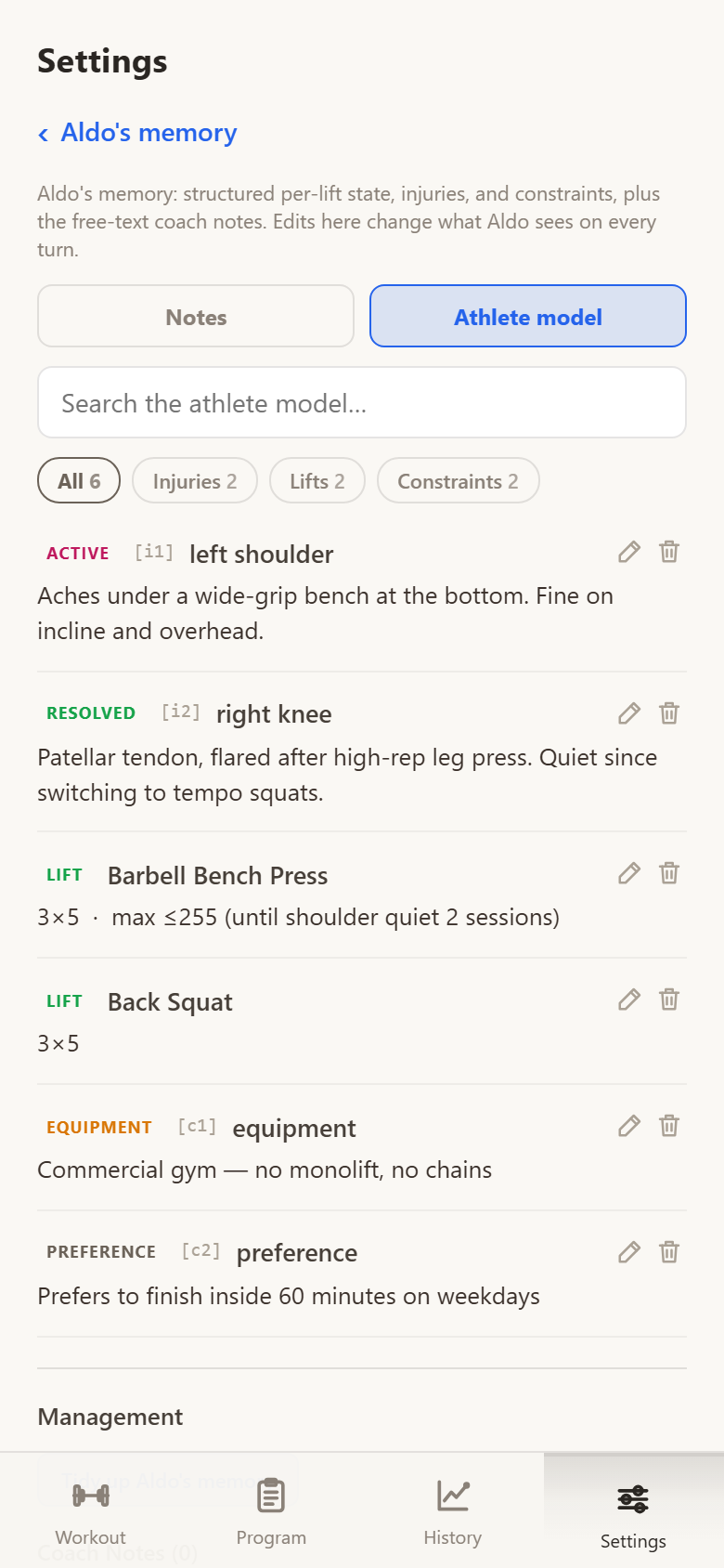 Aldo's memory screen listing an active left shoulder injury, a resolved right knee injury, working loads for bench press and back squat with a shoulder-related ceiling, and equipment and preference constraints.