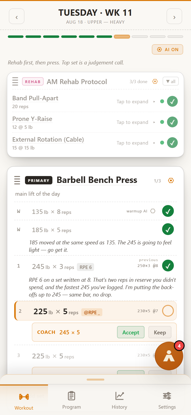 The Aldo workout screen mid-session: a completed AM Rehab Protocol bundle at the top marked three of three done, then a bench press with warm-ups and a 245 pound top set logged at RPE 6, each carrying a line of Aldo's coaching underneath, and the pending back-off sets showing an orange coach strip raising them to 245 by 5 with Accept and Keep buttons.